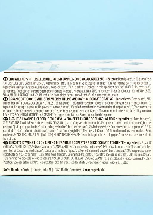 Valori nutrizionali e ingredienti KoRo Biscotto all'avena biologico con ripieno di fragole e copertura di cioccolato fondente (480 g)