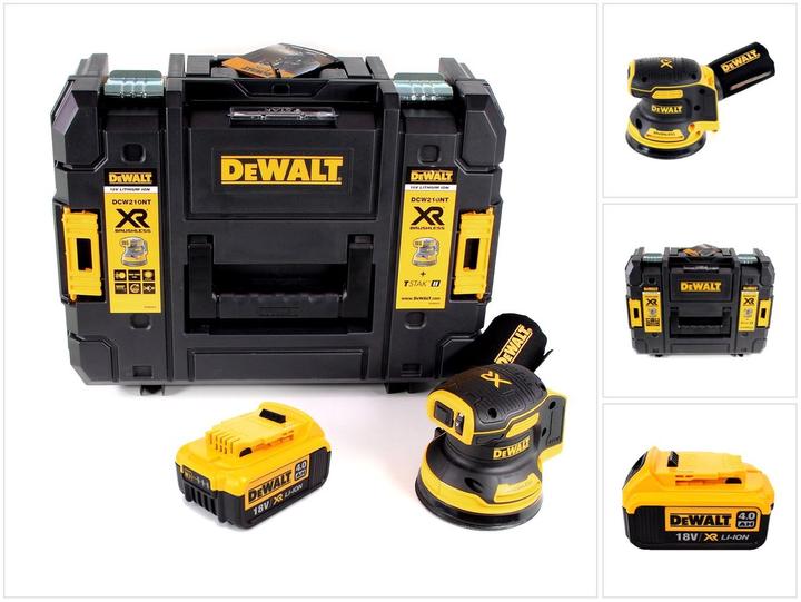 1x DeWalt DCW 210 NT Akku Exzenterschleifer, 1x Staubfangsack, 1x T-STAK Box II, 1x DeWalt DCB 182 Li-Ion Akku 18 V 4,0 Ah, ohne Ladegerät