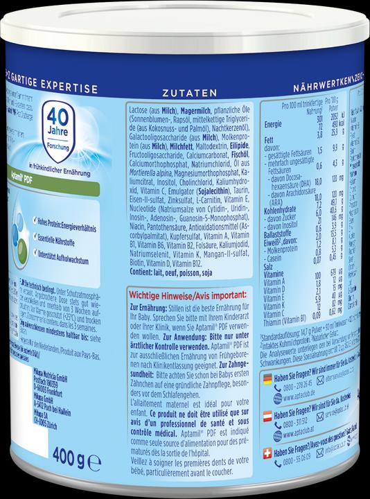 Valori nutrizionali e ingredienti Aptamil PDF Specialità alimentari (400 g, dalla nascita)