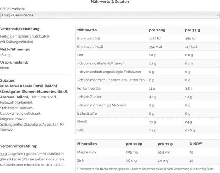 Nährwerte und Zutaten Optimum Nutrition Gold Standard 100% Casein (Vanille, 1 Stk., 1820 g)