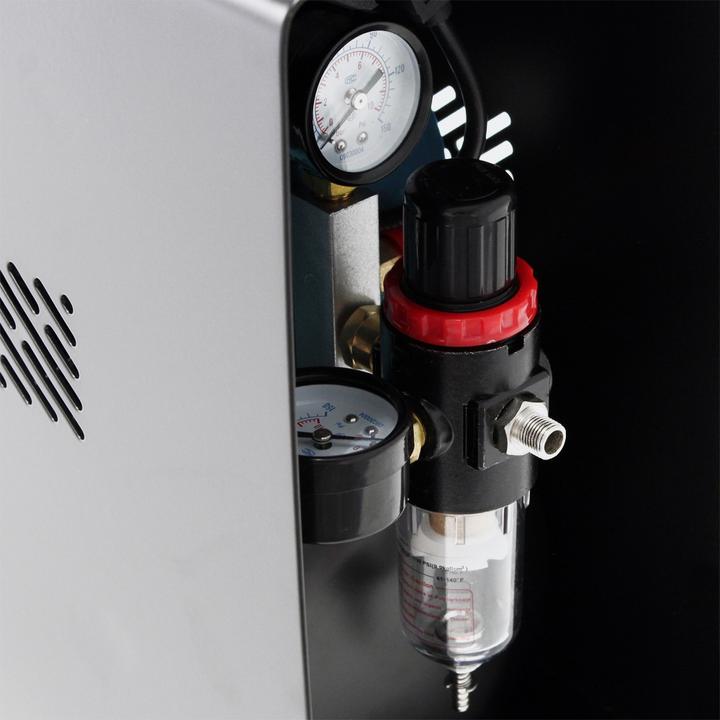 Actual product image Wiltec Airbrush Compressor AF196AW 6 bar Two-Cylinder Piston Compressor with 2-stage Switch and Air Tank