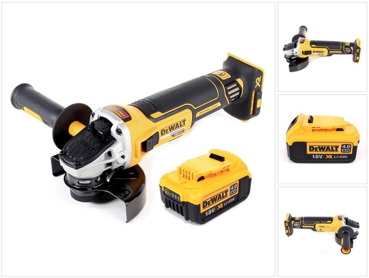1x DeWalt DCG 405 N 18 V Li-Ion Meuleuse d'angle sans fil Brushless 125 mm 1x poignée supplémentaire 1x écrou à serrage rapide 1x capot de protection 1x DeWalt DCB 182 18 V 4,0 Ah Li-Ion Batterie sans chargeur sans mallette