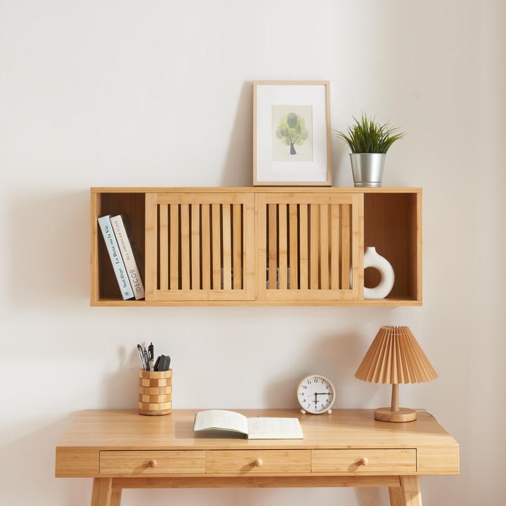 Image du produit En.Casa Étagère murale Grums avec deux portes coulissantes 92,5x20x33cm Bambou