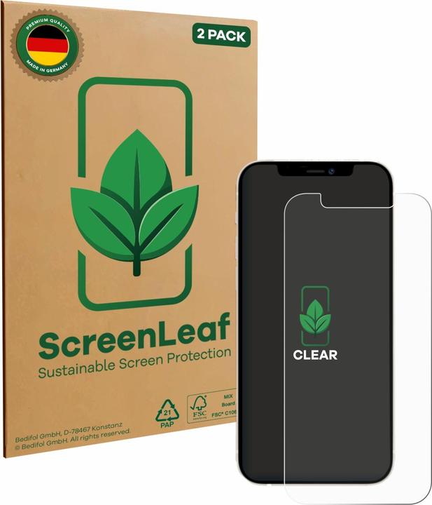 Produktbild ScreenLeaf Schutzfolie nachhaltiger Displayschutz Display Schutz Folie Klar Transparent (2 Stück, Apple iPhone 12 Pro)