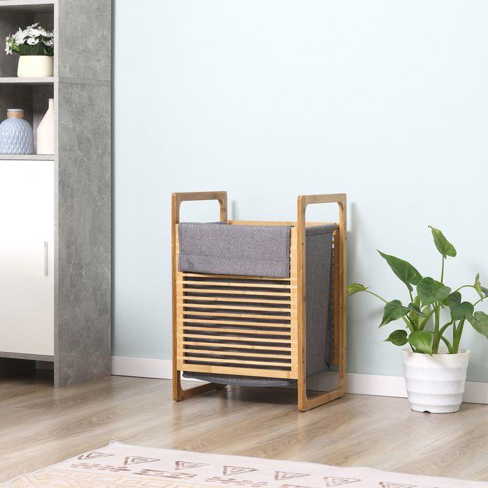 Image du produit Swisshandel24 Panier à linge avec sac à linge lavable et sac à linge en bambou polyester lin Nature+Gris