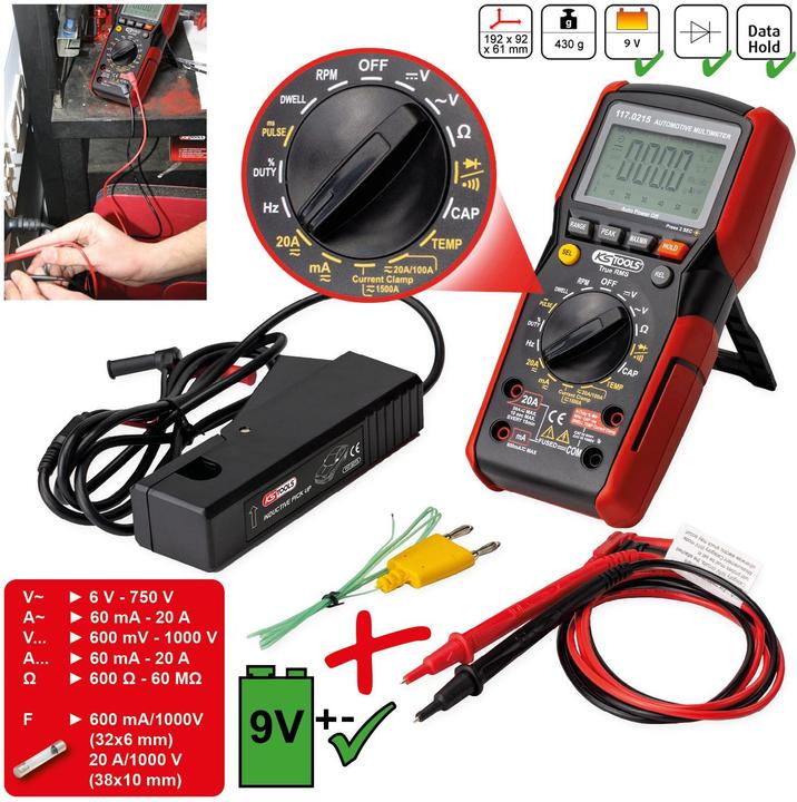 Produktbild KS Tools Digital Multimeter inkl. Prüfspitzen mit integriertem Schlagschutz (CAT IV 600V, CAT III 1000V)