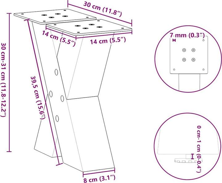 Immagine prodotto VidaXL Gambe per tavolino da caffè a forma di X 2 pz. Gamba per tavolo in acciaio bianco 30x(30-31) cm