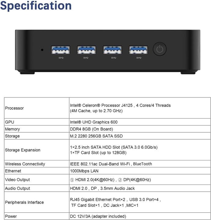 Image du produit Minisforum Mini PC GK50-256GB (Intel Celeron J4125, 8 Go, 256 Go, UHD Graphics 600, Intel UHD Graphics)