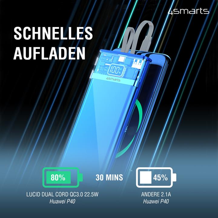 Produktbild 4smarts Powerbank Lucid Dual Cord 10000 mAh (10000 mAh, 22.50 W, 37 Wh)
