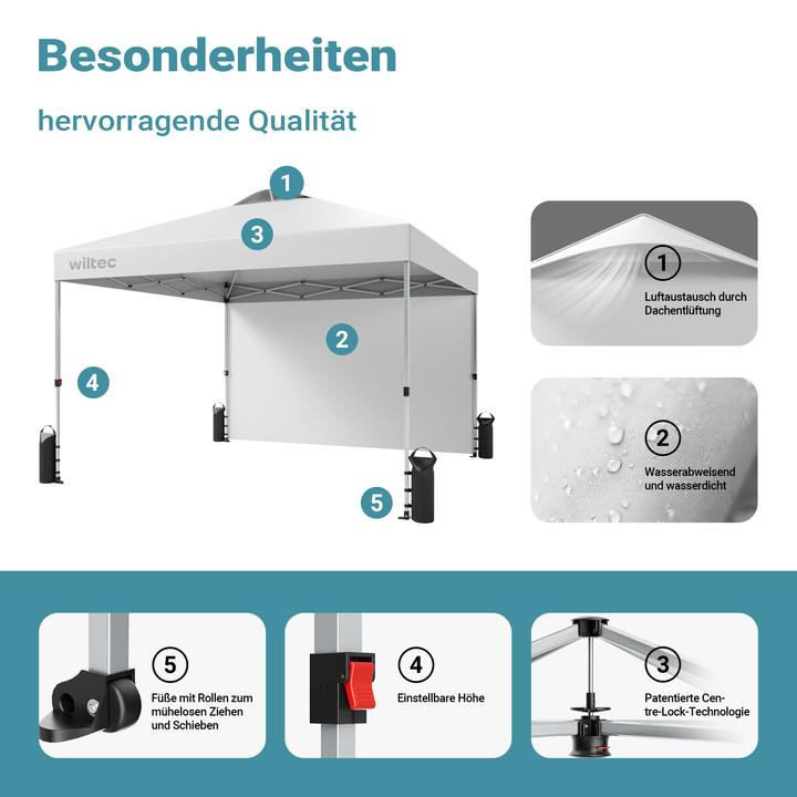 Produktbild Wiltec Pop up Pavillon 3x3m weiss Seitenteil Räder Gartenpavillon Faltpavillon (300 cm, 300 cm)