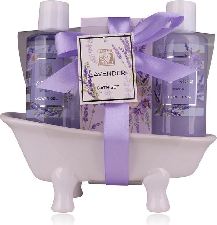 Produktbild Accentra Badeset LAVENDEL in Keramikbadewanne, inkl. 140ml Duschgel, 140ml Schaumbad, 50g Badesalz, Duft: Lav (Haarpflege set)