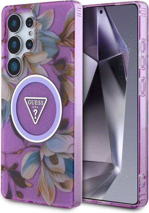 Produktbild Guess Etui Glitter Flowers Triangle Buttons MagSafe do Samsung Galaxy S25 Ultra fioletowy (Samsung Galaxy S25 Ultra)
