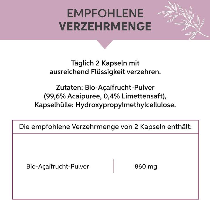 Nährwerte und Zutaten Eltabia Acai Tabletten | Hochdosiert 5000mg Tagesdosis | Rohkost 100% reine 500mg Tabs (200 Stück, Tabletten)