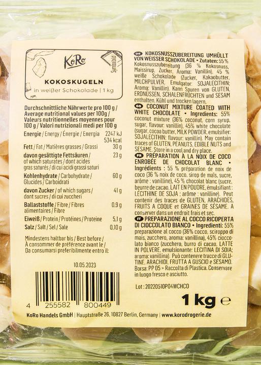 Nutritional values and ingredients KoRo Coconut preparation coated in white chocolate (1000 g)