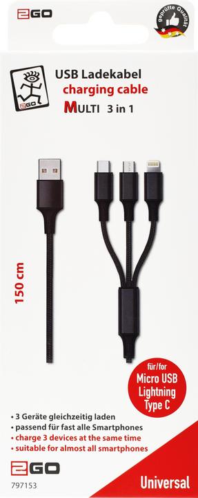 Produktbild 2GO 797153 USB Kabel USB B USB C/Micro-USB B/Lightning (1.50 m, USB 3.2 Gen 2)