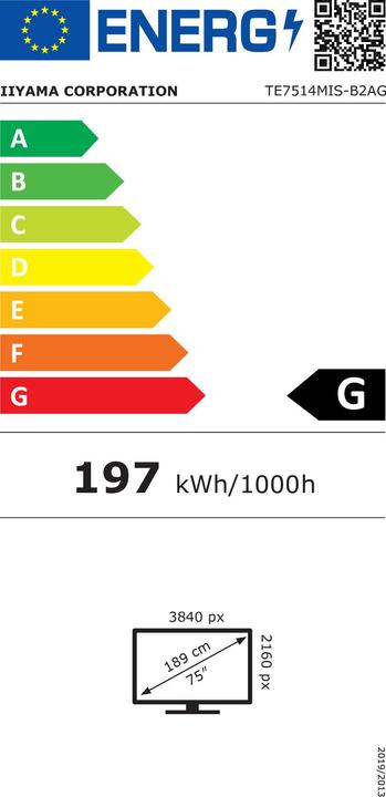 Energy Label iiyama 75IN VA PANEL ANTI-GLARE 50 POINTS 3840X2160 8MS 435CD/M2 50 (3840 x 2160 Pixels, 75")