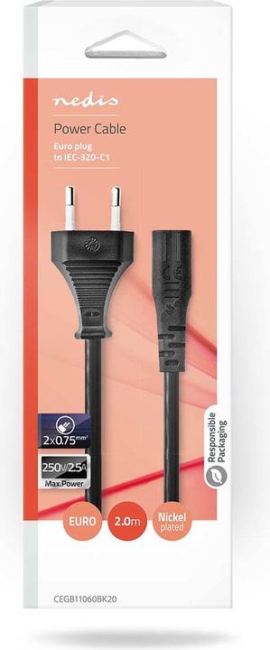 Image du produit Nedis Câble d'alimentation | Euro Mâle | IEC-320-C1 | Droit | Droit | Nickelé | 2.00 m | Plat | PVC (2 m)