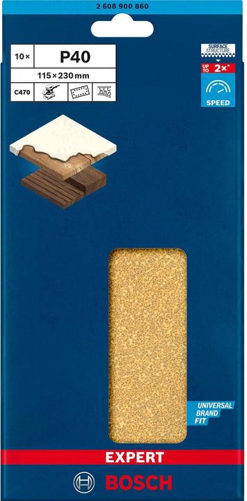 Image du produit Bosch Professional Zubehör Papier abrasif Expert C470 avec 14 trous pour ponceuses vibrantes, 115 x 230 mm, G 40, 10 pcs. (40)