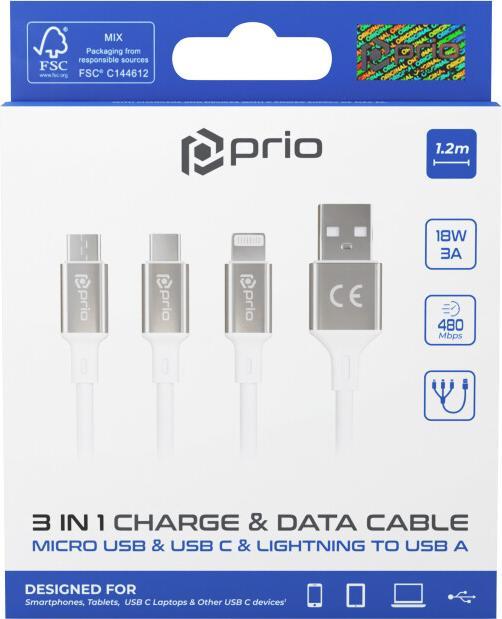 Produktbild prio 3in1 Micro USB & USB C & Lightning zu USB A Kabel 3A 1,2m weiss (1.20 m)
