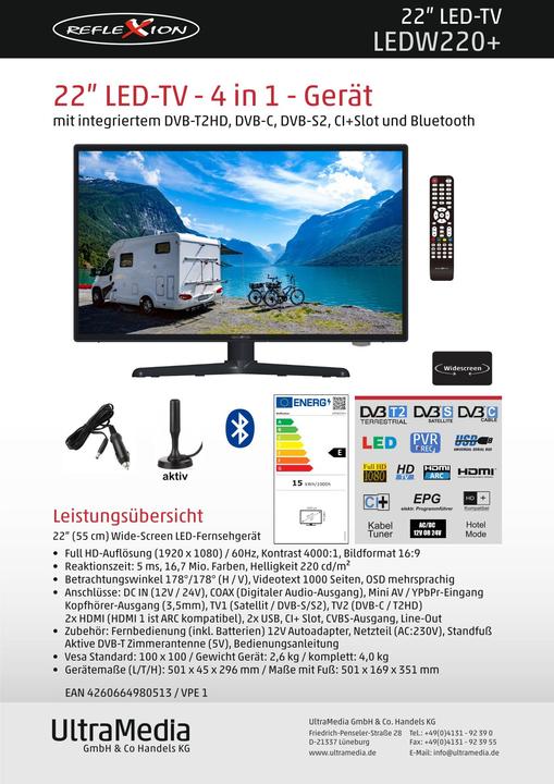 Label énergétique Reflexion LEDW220+ Téléviseur LED 55 cm/22 pouces, Full HD, 12/24/230 Volts Camping Caravaning (22", Full HD)
