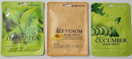 Baroness Korean Skincare Sheet Masks Set of 3 Green Tea, Bee Venom, Cucumber