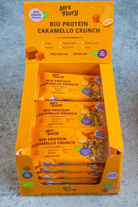 Actual product image Mrs Flury Bio Protein Caramello Crunch Riegel Box 15 Riegel (15 pcs.)