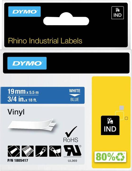 Energie-Label Dymo Rhino 19mm weiß auf blau Vinyl (1.90 cm, Blau)