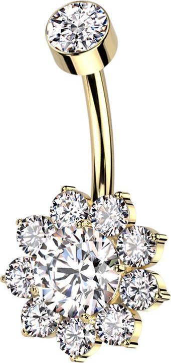 Produktbild Hollywood Body Jewelry Banane Innengewinde vergoldet mit Zylinder vergoldet Kristall silber und Blume grosser Kristall silb (Titan G23, ohne Messing)