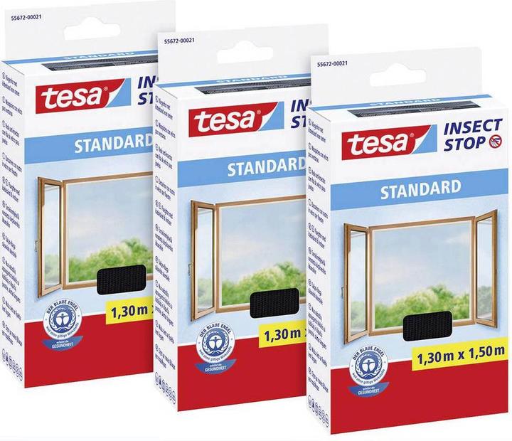 Produktbild tesa 3x Insektenschutz STANDARD für Fenster, mit Klettband, ohne Bohren (130 x 150 cm)