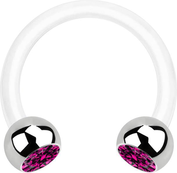 Star Piercing Micro Circular Barbell weiss mit zwei Kugeln silber Kristall fuchsia (Bioflex, ohne Messing, Chirurgenstahl 316L)
