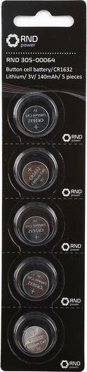 RND Button cell battery, CR1632, 3V, pack of 5 (5 pcs., CR1632, 130 mAh)