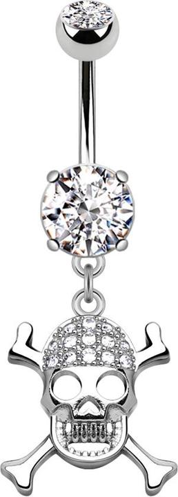 Produktbild Star Piercing Banane silber mit zwei Kugeln Kristall silber Anhänger gekreuzte Knochen und Totenkopf (Messing, Chirurgenstahl 316L)