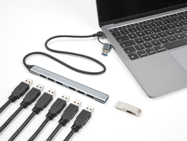 Produktbild Delock 7 Port Slim USB Hub mit USB Type-C oder USB Typ-A zu (USB-C, USB-A, 7 Ports)