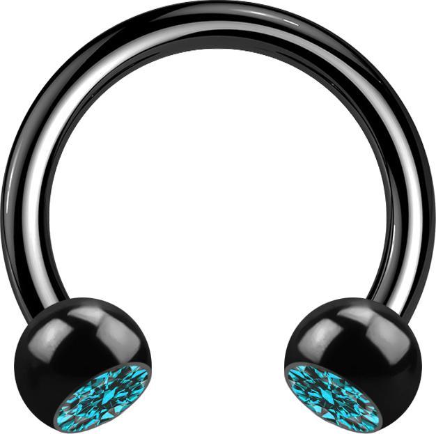 Star Piercing Circular Barbell schwarz mit zwei Kugeln Kristall aqua (ohne Messing, Titan G23)