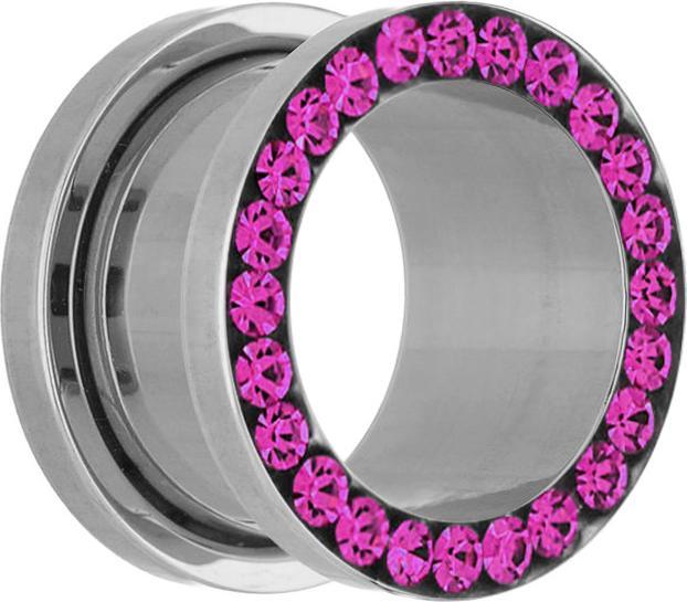 Star Piercing Flesh Tunnel silber mit Kristall fuchsia (ohne Messing, Chirurgenstahl 316L)