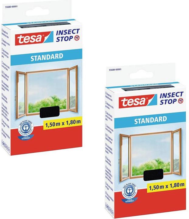 Produktbild tesa 2x Insektenschutz STANDARD für Fenster, mit Klettband, ohne Bohren (150 x 180 cm)