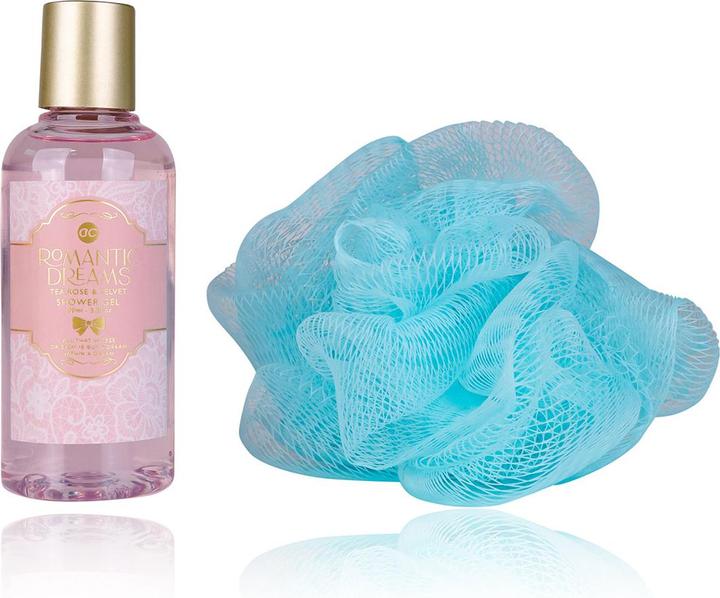 Produktbild Accentra Badeset ROMANTIC DREAMS in Kosmetiktasche, inkl. 100ml Duschgel, 15g Netzschwamm, Duft: Tea Rose & V (Haarpflege set)