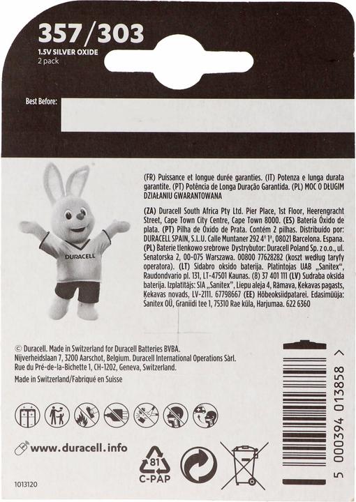 Immagine prodotto Duracell 357, 303, V357, V303, SR44, SR44SW, Batteria per orologi D357, blister di 2 pezzi (2 pz., 190 mAh)
