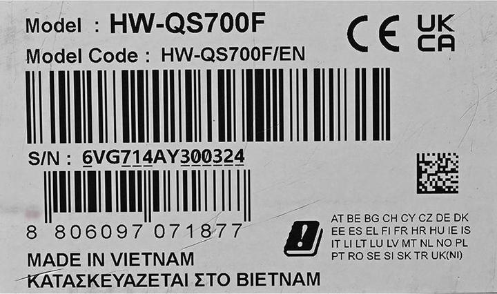 Nutritional values and ingredients Samsung HW-QS700F (360 W, 3.1.2 Channel)