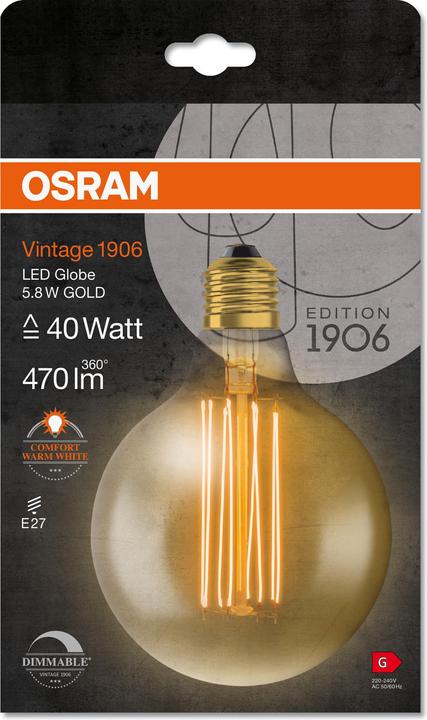 Produktbild Osram Vintage 1906 Led Classic Slim Filament Globe (E27, 5.80 W, 470 lm, 1 x, G)