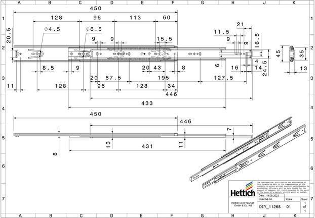 Actual product image Hettich Schubladenschiene Vollauszug 450 mm chromatiert 2 Stück