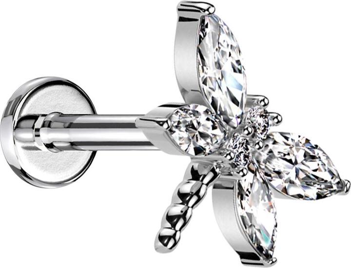Produktbild Star Piercing Micro Threadless Labret silber Libelle silber Flügel Kristalle silber (Messing, Chirurgenstahl 316L)