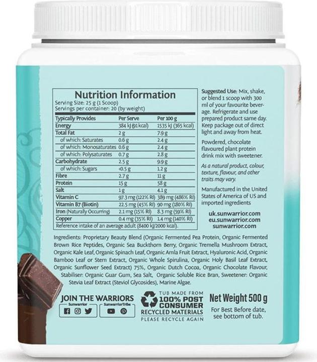 Nutritional values and ingredients Sunwarrior Collagen Building Protein Peptides Chocolate Fudge (1 Piece, Powder, 500 g)