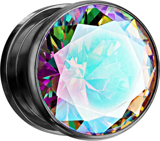 Star Piercing Flesh Plug schwarz mit grossem Kristall multicolor (ohne Messing, Chirurgenstahl 316L)