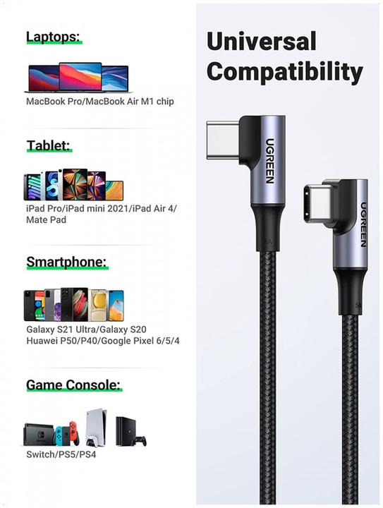 Image du produit Ugreen Câble de données USB-C 2.0 coudé vers USB-C 2.0 coudé 5A (2 m, USB 2.0)