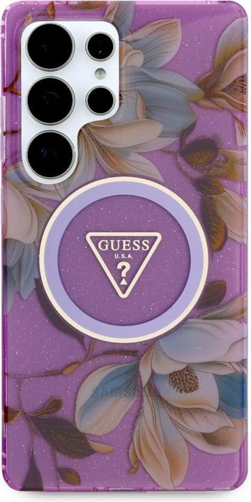 Produktbild Guess Etui Glitter Flowers Triangle Buttons MagSafe do Samsung Galaxy S25 Ultra fioletowy (Samsung Galaxy S25 Ultra)