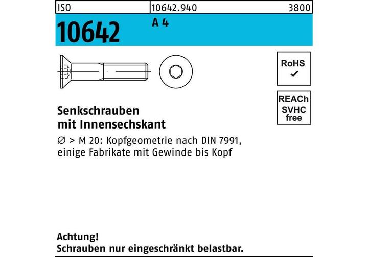 Actual product image SanDisk DIN 7991 Countersunk Shaft Screw M20x130 stainless steel A4 bright hexagon socket (10 Screws per piece)