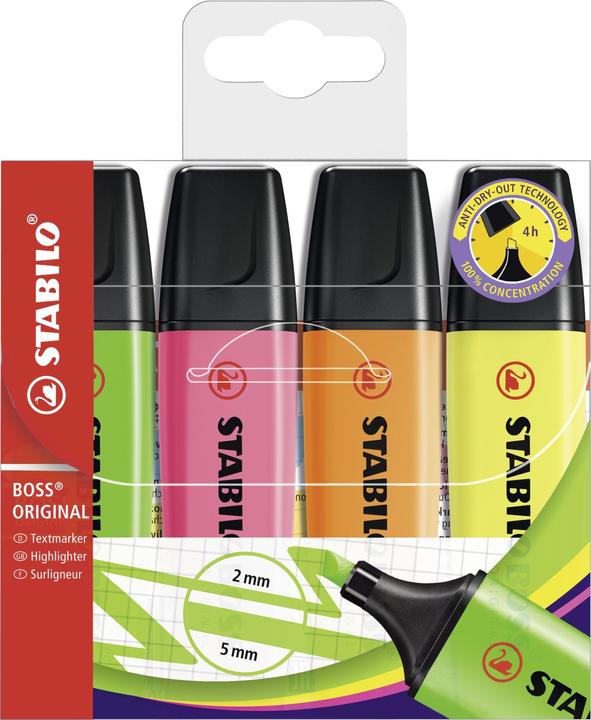 STABILO BOSS ORIGINAL Textmarker (Pink, Gelb, Grün, Orange, 5 mm, 4 x)