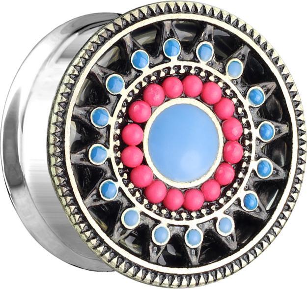 Produktbild Star Piercing Flared Plug Aztec Tribal mit Perlen und Türkis Stein (Messing, Chirurgenstahl 316L)