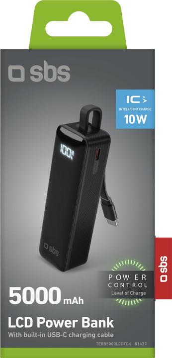 Produktbild SBS 5000 mAh-Powerbank mit integriertem USB-C Kabel und Display (5000 mAh, 10 W)